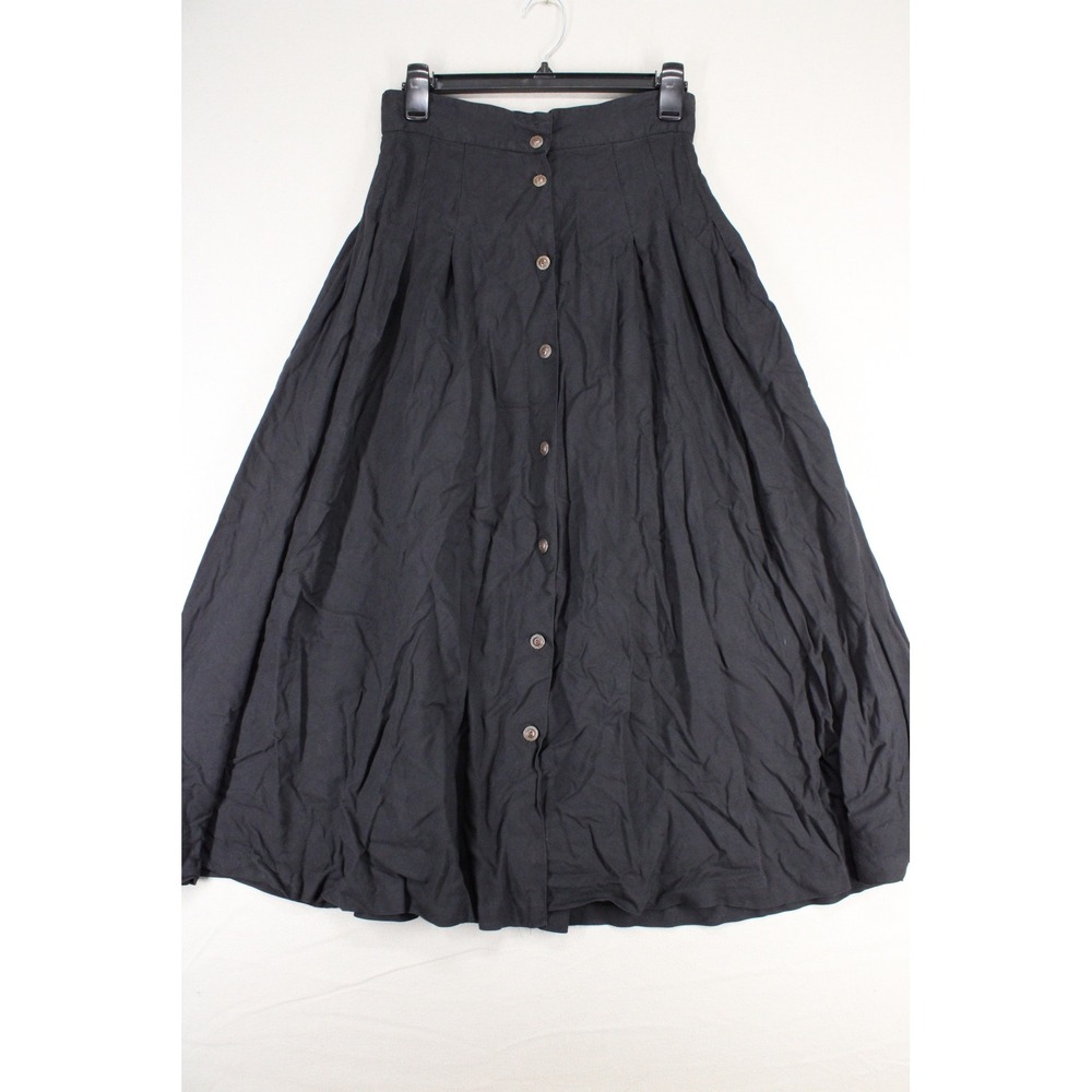Hunters Run Skirt Midi 10 Black Rayon Button Front Pleated Dark Academia Vintage